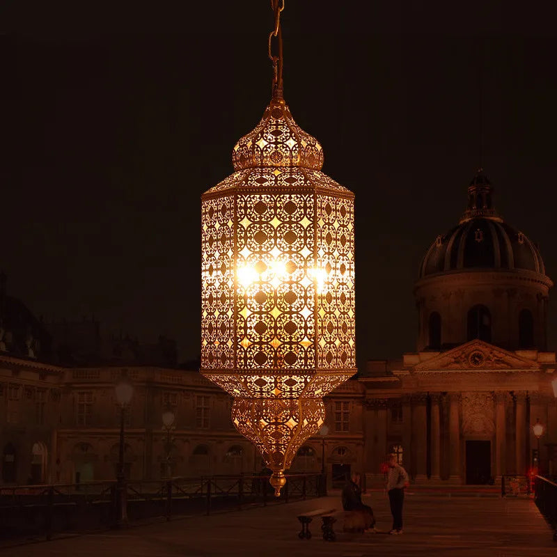 European retro Moroccan style copper chandelier lamp hollow flower