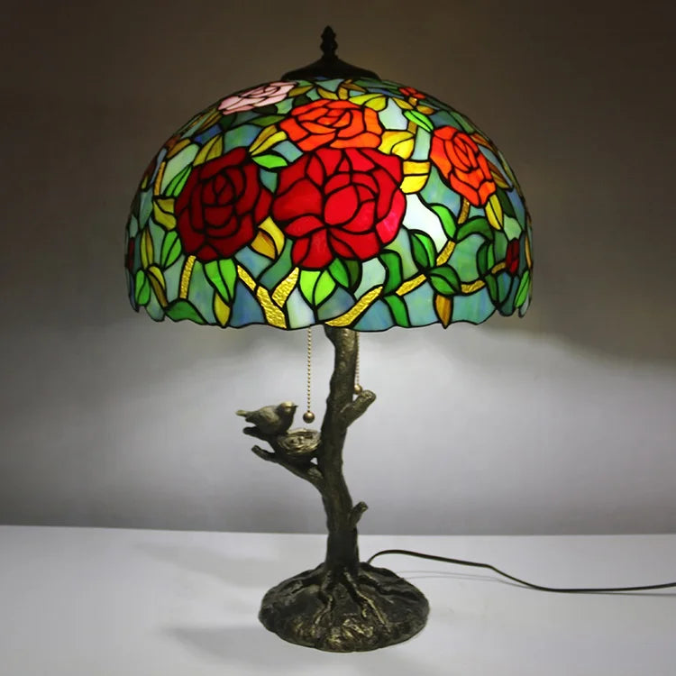 Tiffany Style Floral Table Lamp with Birds and Mozaic Base