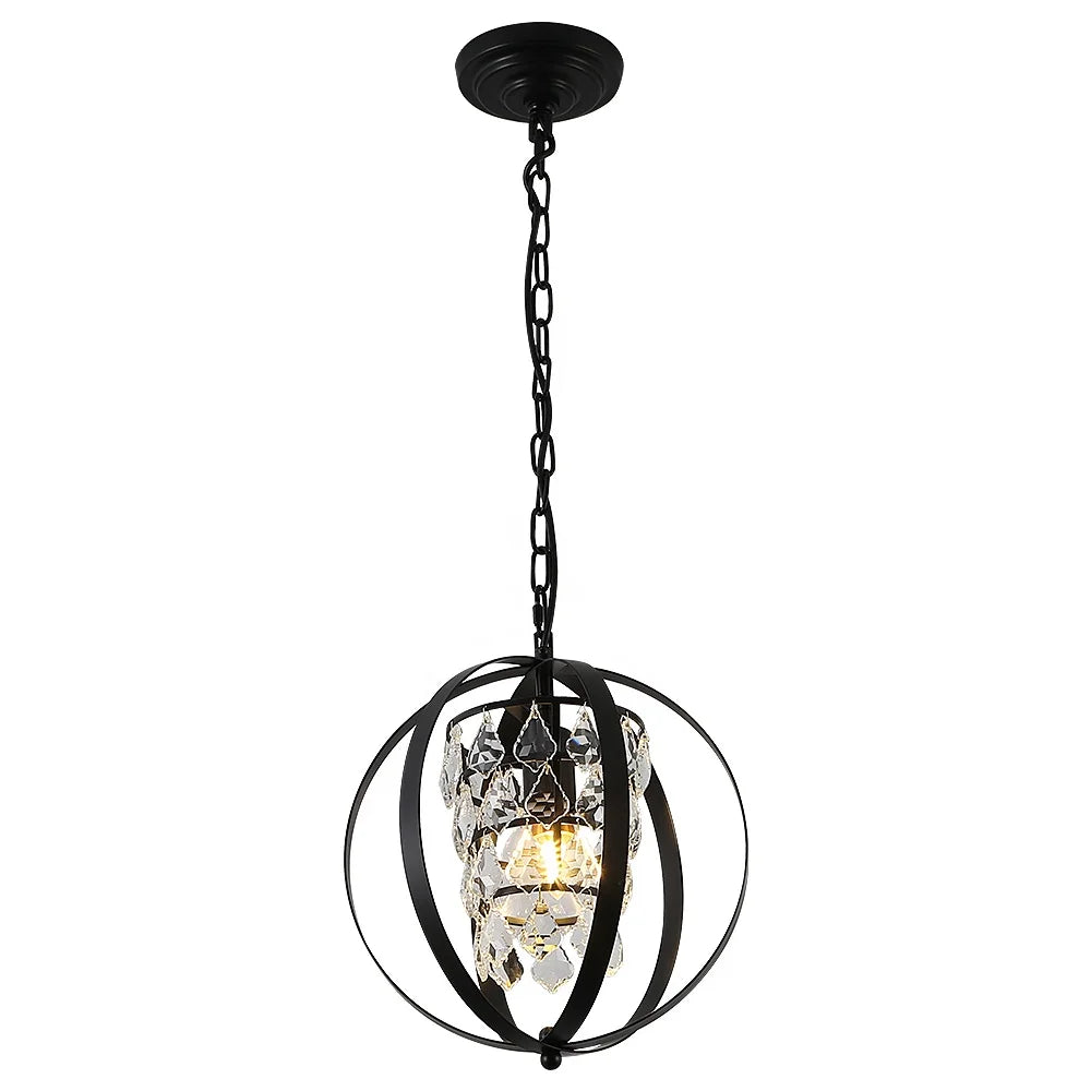 E26 Bulb Black Global Crystal Orb-Chandelier Pendant Light With