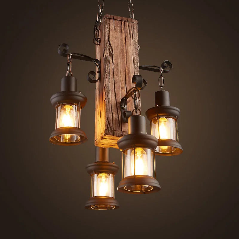 American Country Nostalgic Loft Retro Solid Wood Chain Pendant Lights