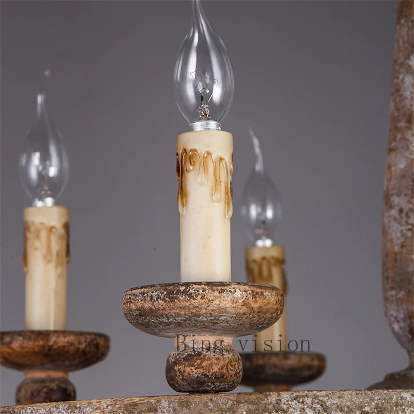 Wooden Iron Chandelier Lighting Vintage Crystal Lustre Pendant