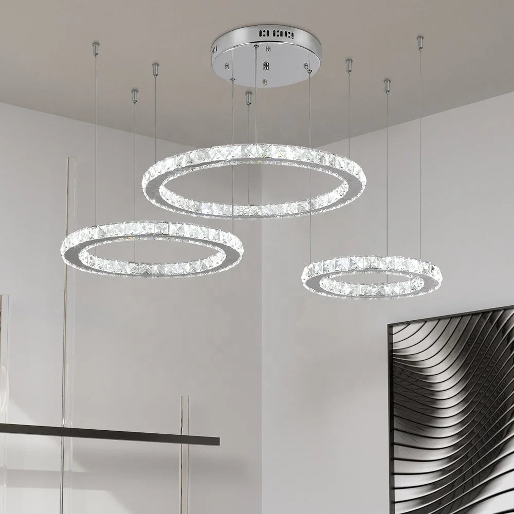 Modern Crystal Chandeliers 3 Rings LED Ceiling Lighting Fixture for