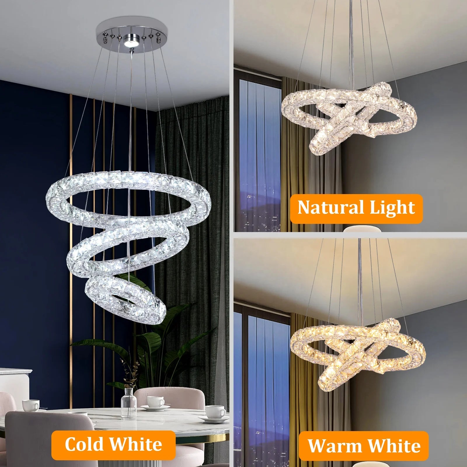 Changeable White Warm 3 Sides Crystal Halo Chandelier