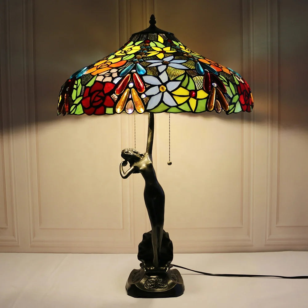 Tiffany Style Stained Glass Table Lamp With Copper Design