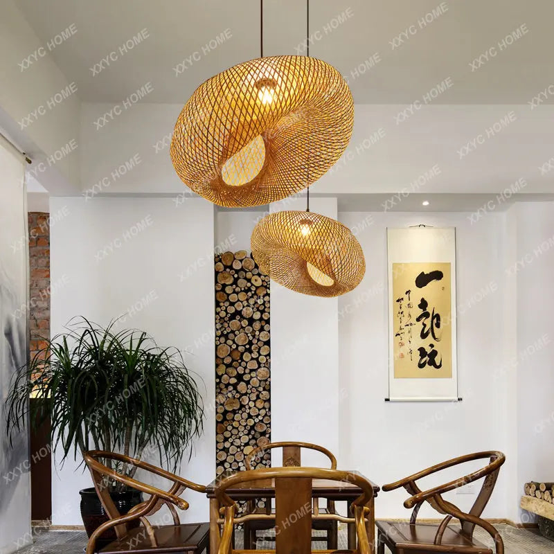 Bamboo Pendant Lamp Hand Knitted Chinese Style Weaving Hanging Lamps