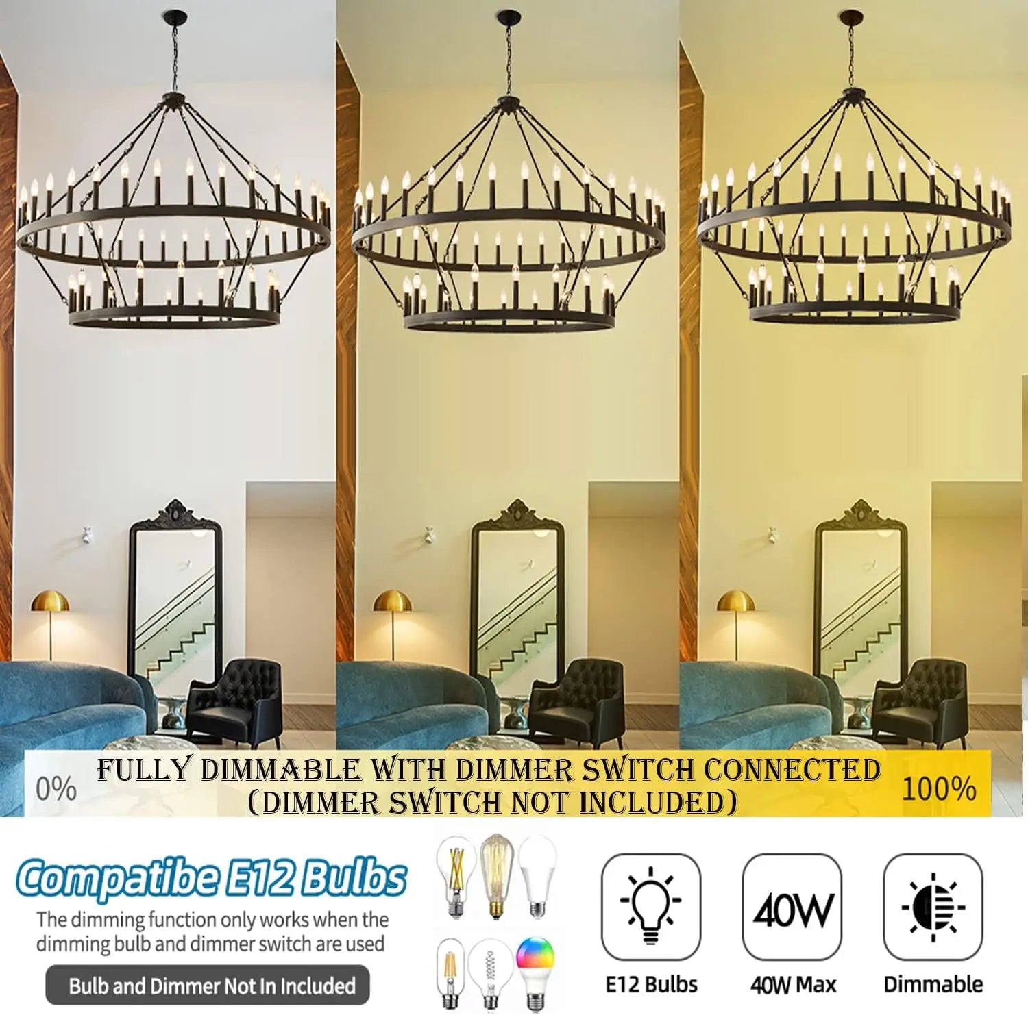 2 Tier 60 Inch Large Wagon Wheel Chandelier Farmhouse,54-Light Black