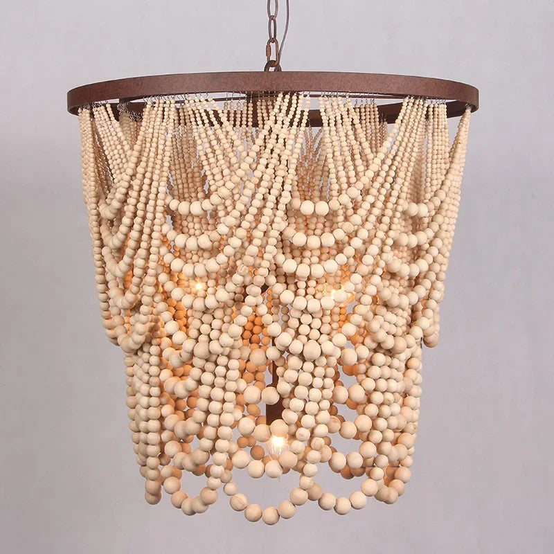 New Classic Wood Beads Pendant Lamp, Vintage Rustic Iron Chandelier
