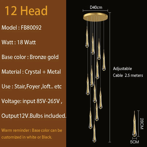 Golden Droplet Chandelier for staircase luxury hallway long spiral