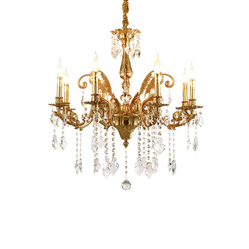 European Rococo Copper Crystal Candle Pendant Light Living Room Hotel