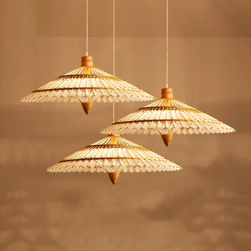 Chinese Style Wood Bamboo Pendant Lights Vintage Umbrella Hanging Lamp