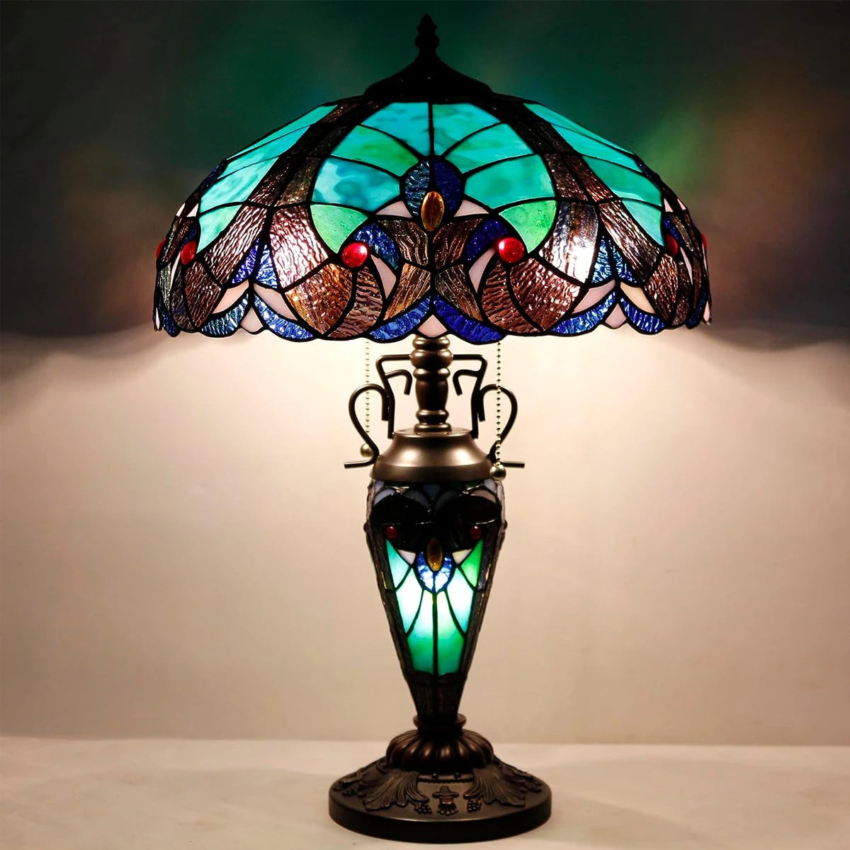 WERFACTORY Tiffany Style Table Lamp Green Stained Glass Liaison