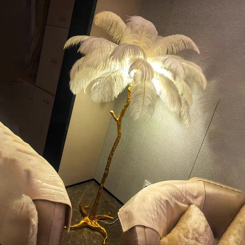 Nordic Ostrich Feather Led Floor Lamp Resin Copper Living Room Home
