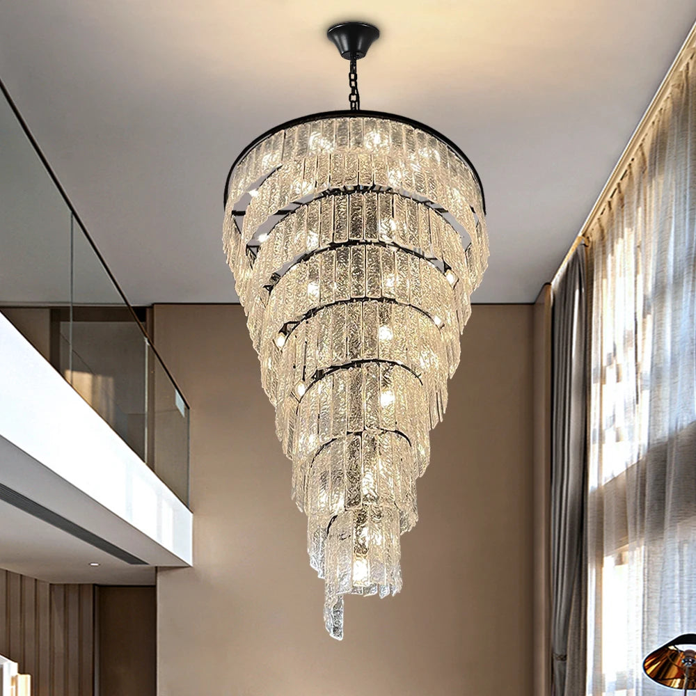 Large black led chandelier for staircase spiral design glass light