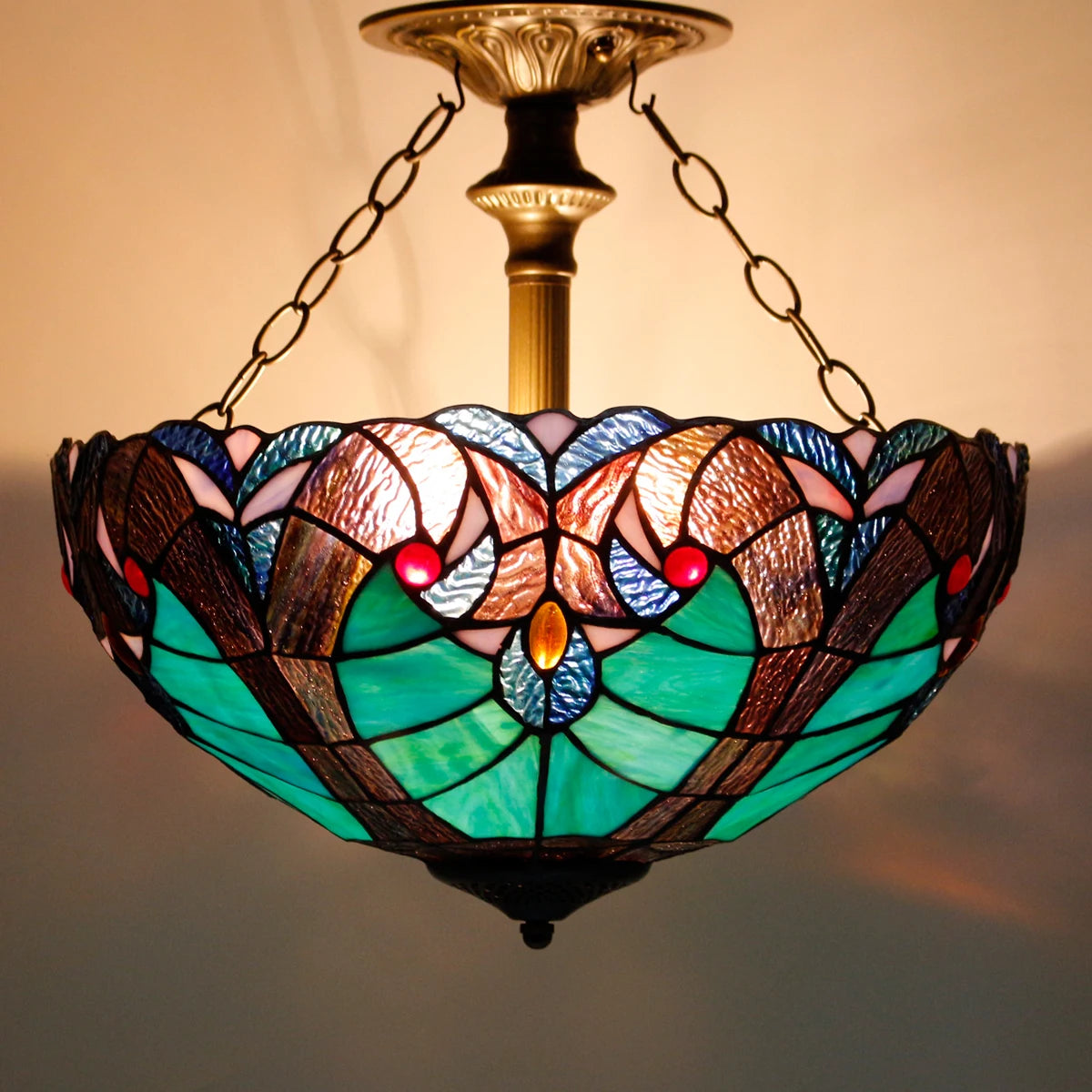 Tiffany Ceiling Light Fixture Green Liaison Stained Glass
