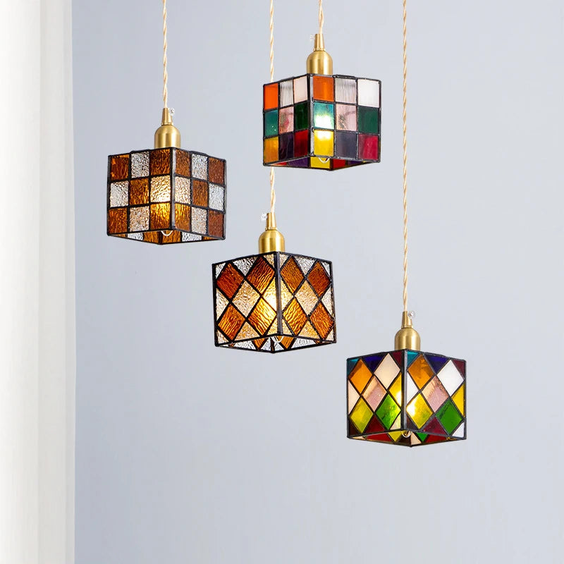 Tiffany Colorful Pendant Lights Rubik's Cube Creative Home Decor Brass