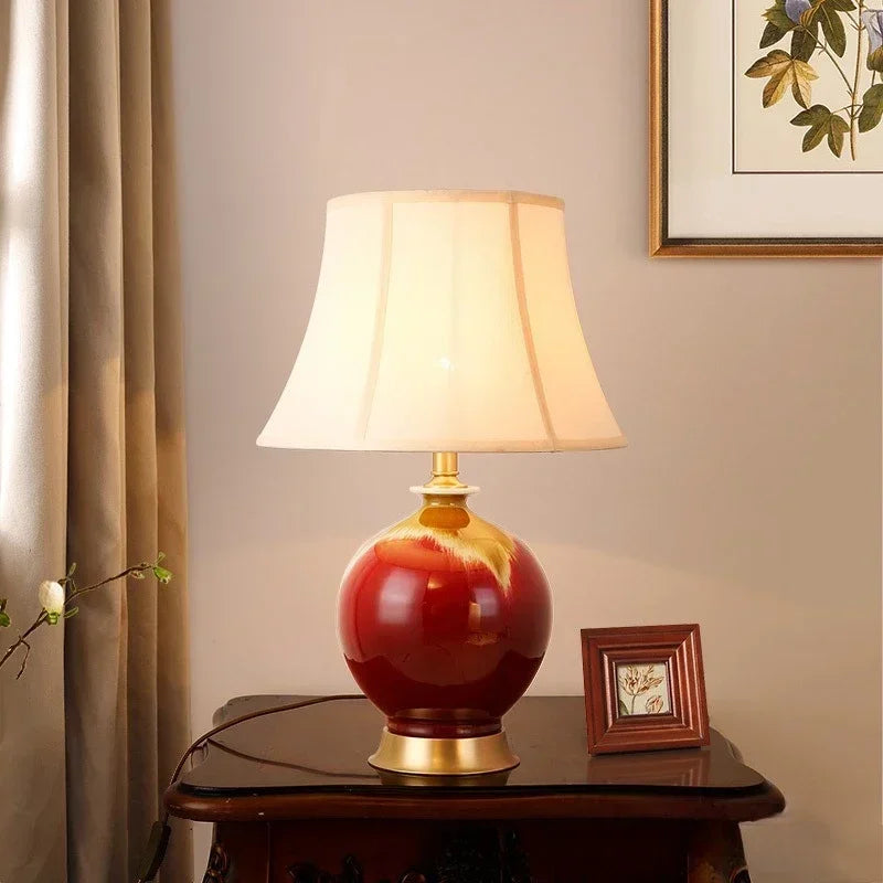 Home Decor Red Ceramics Table Lamp Modern Desk Chinoiserie Light