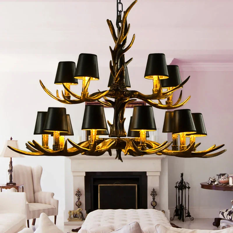 Antler Resin Chandelier with Lampshade Retro Style Light for Living