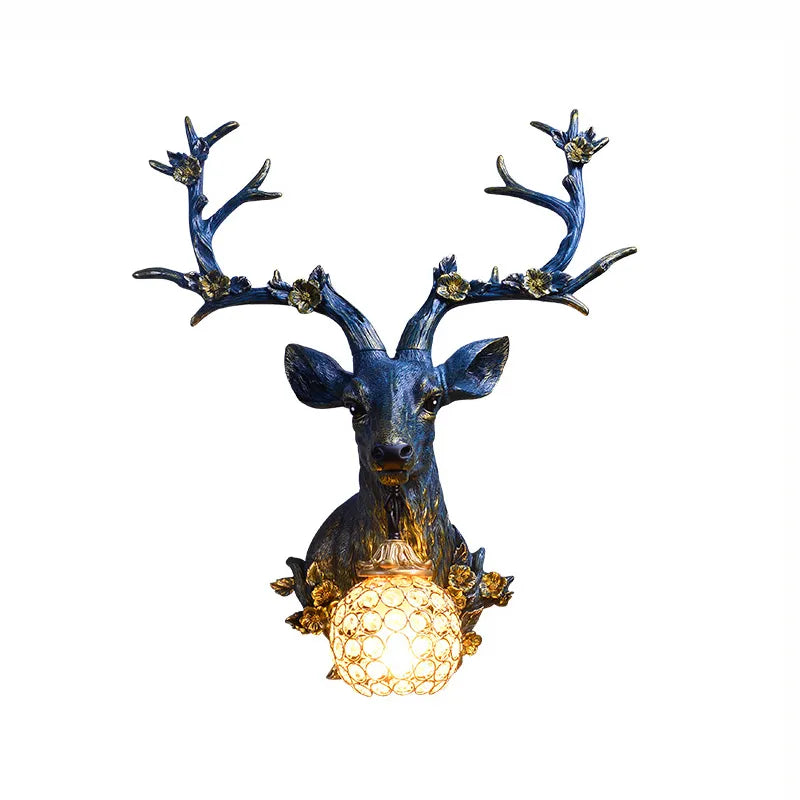 American Lucky Deer Head Wall Lamp Retro Resin Deer Horn Wall Lights