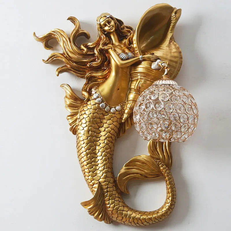 European Gold Mermaid Wall Lamp for Living Room Shell Led Wall Sconce