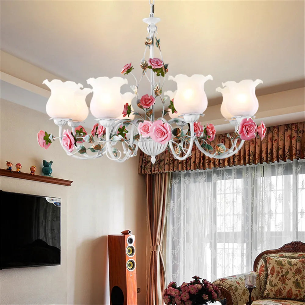 Floral E27 Led Chandelier White Flower Iron Alloy Chandeliers Dining
