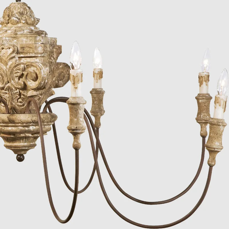 American Rural French Solid Wood Chandelier Carving Retro Vintage