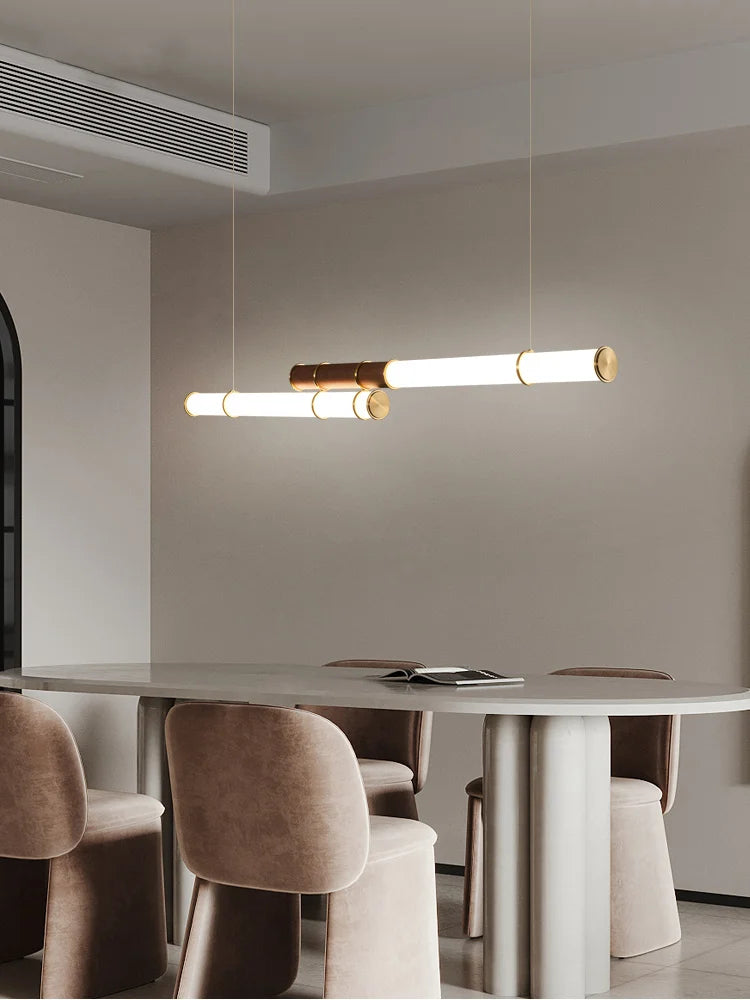 High end designer restaurant chandelier with simple long walnut color