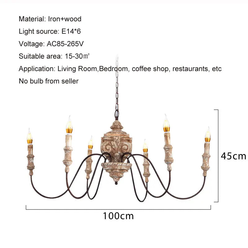 American Rural French Solid Wood Chandelier Carving Retro Vintage