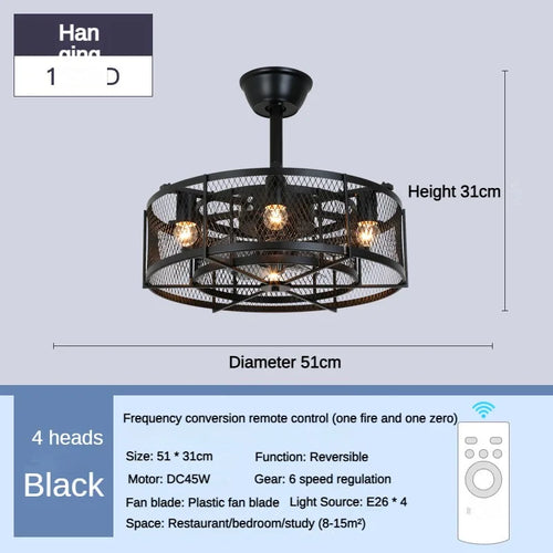 Black Retro Ceiling Fans Iron Art Living Room Bedroom Winter and