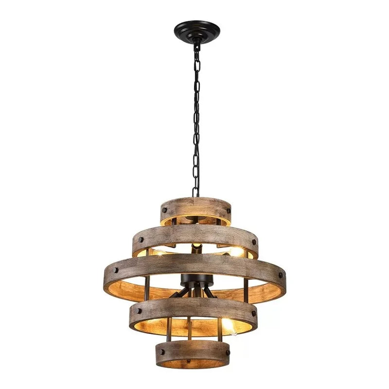American retro industrial style wood art multi-layer ring chandelier