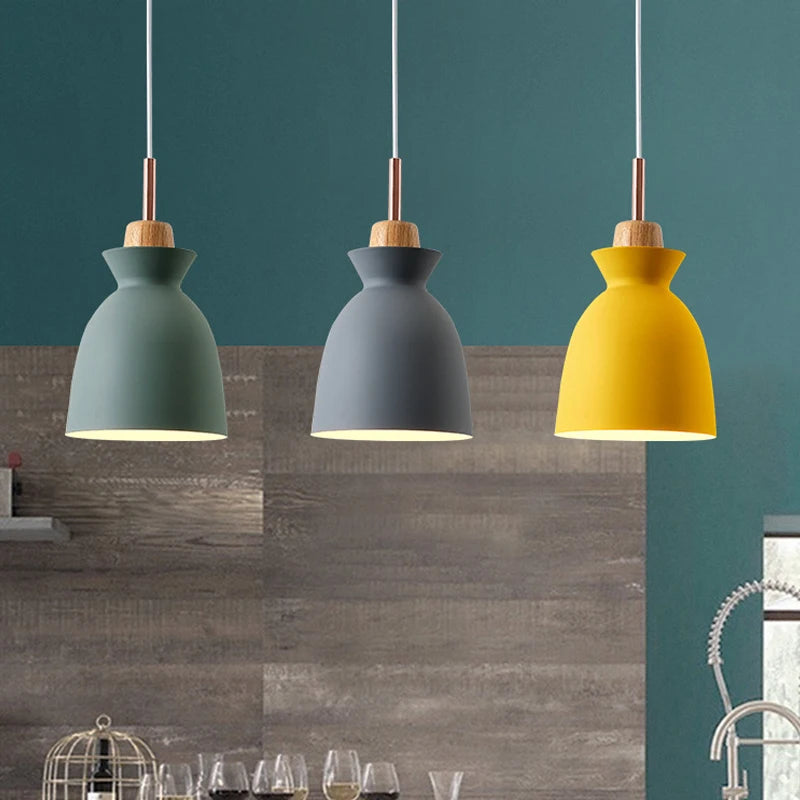 Nordic Solid Wood Pendant Lights Modern Metal Lampshade Hanging Lamp