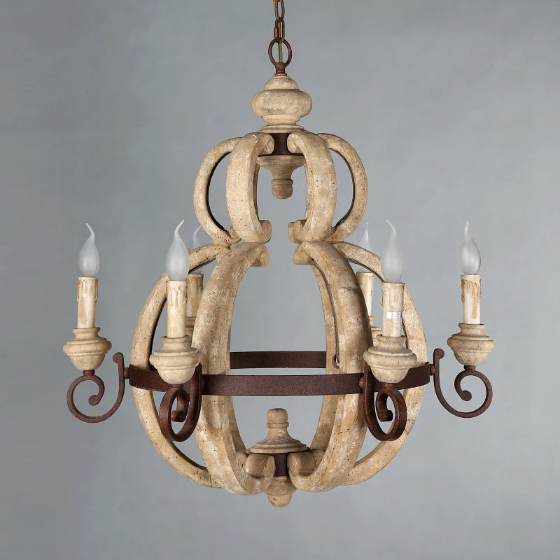 6 light Rustic Wood chandelier vintage white french style hanging