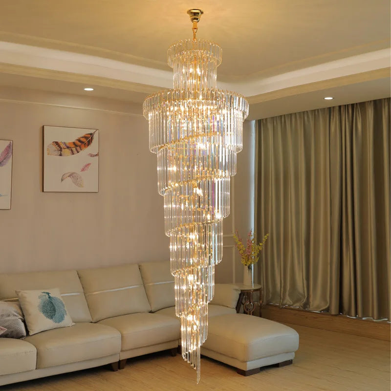 Light Luxury Crystal Long Chandelier Duplex Hollow High Spiral