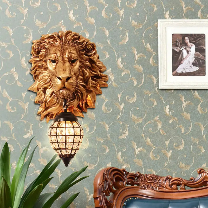 American Retro Creative Lion Head Wall Lamp Resin Led Wall Lamp Living