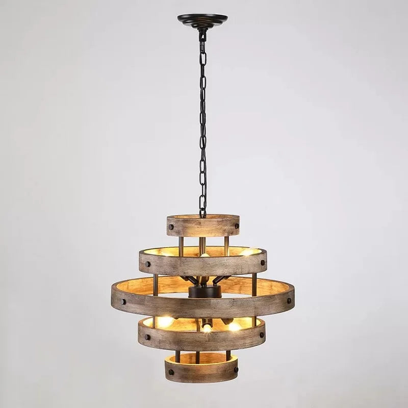 American retro industrial style wood art multi-layer ring chandelier