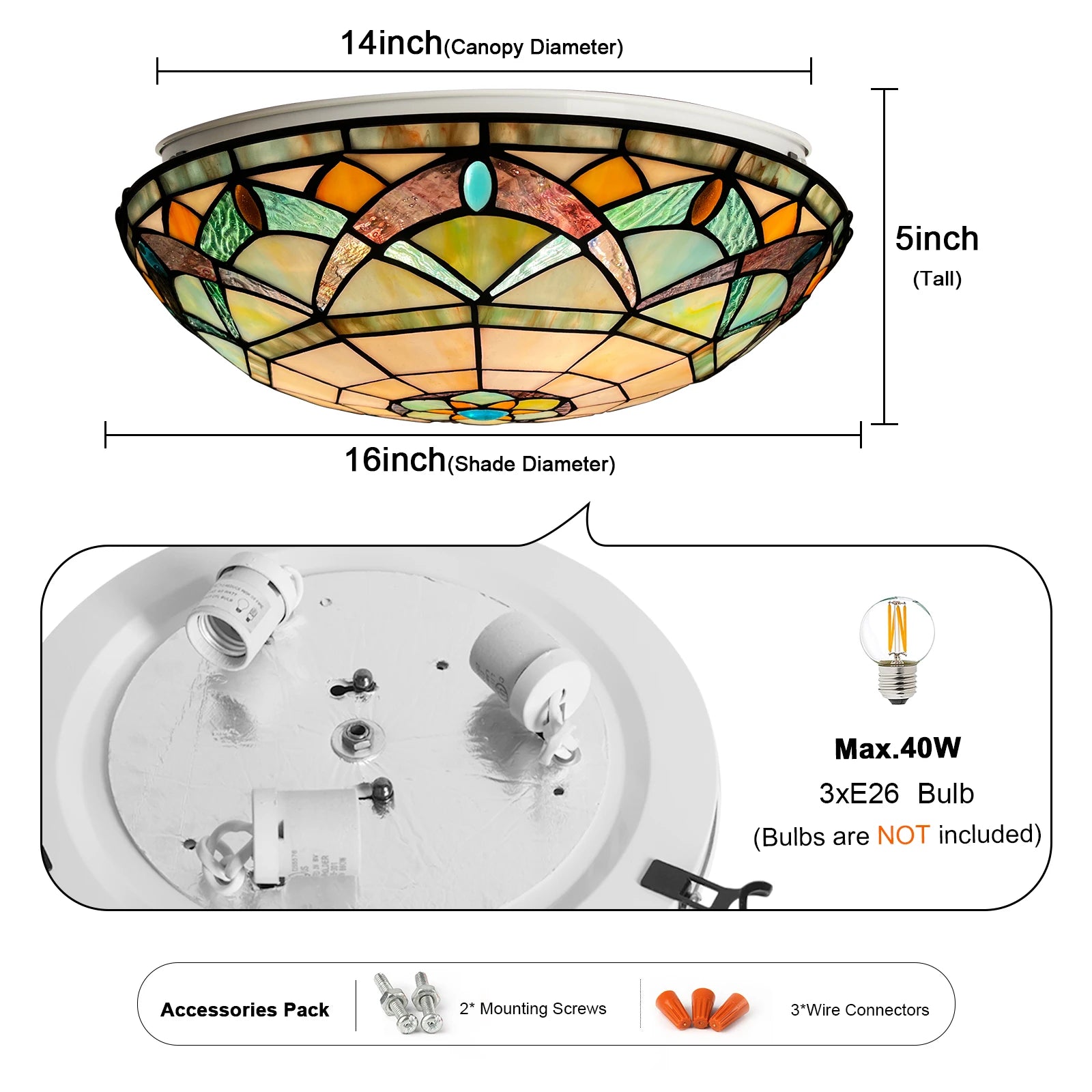 Tiffany Ceiling Lights Stained Glass Led Lamp 3-Lights For Bedroom