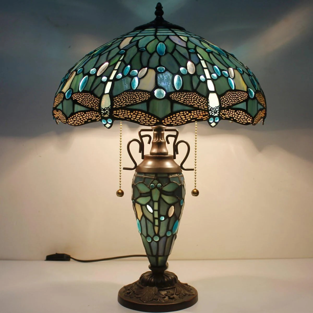Tiffany Table Lamp Sea Blue Stained Glass Dragonfly Style