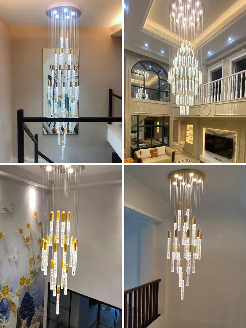 Long Black Crystal Chandelier For Foyer Staircase Villa Lobby Modern