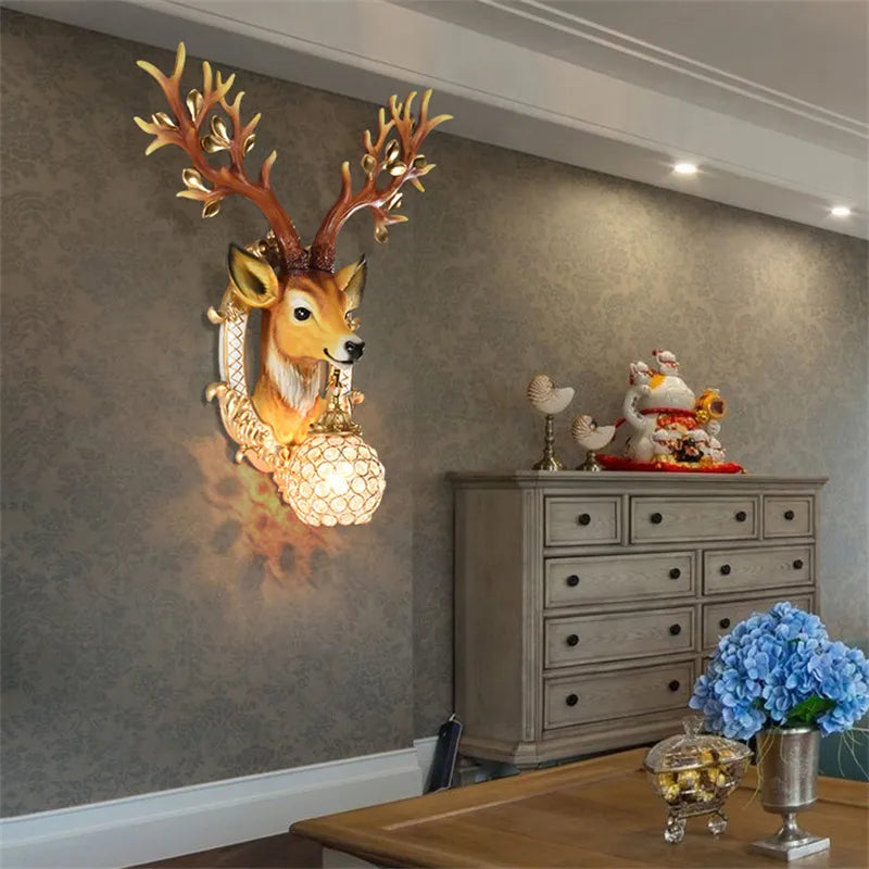 Vintage Art Deer Head Wall Lamp Nordic Light Luxury Antler Resin Wall