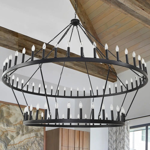 2 Tier 60 Inch Large Wagon Wheel Chandelier Farmhouse,54-Light Black