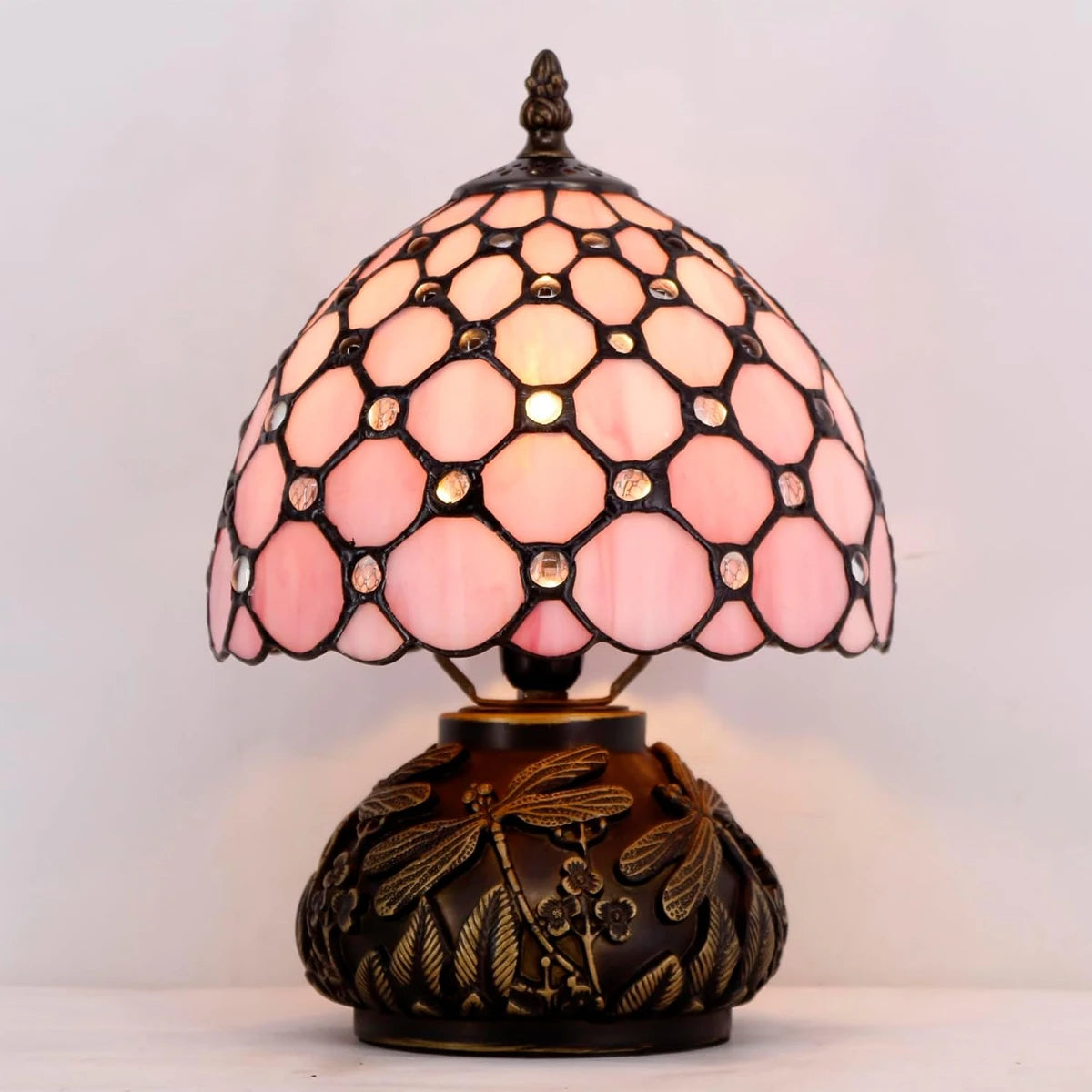 Small Tiffany Lamp W8H11 Inch Pink Stained Glass Pearl