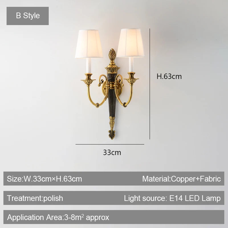 European Retro Classic LED Copper Wall Lamp Living Room Bedroom Home