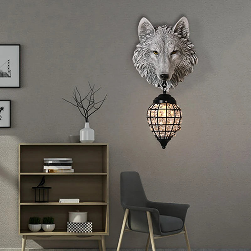 American Retro Resin Wolf Wall Lamp Animal Wall Lights Living Room