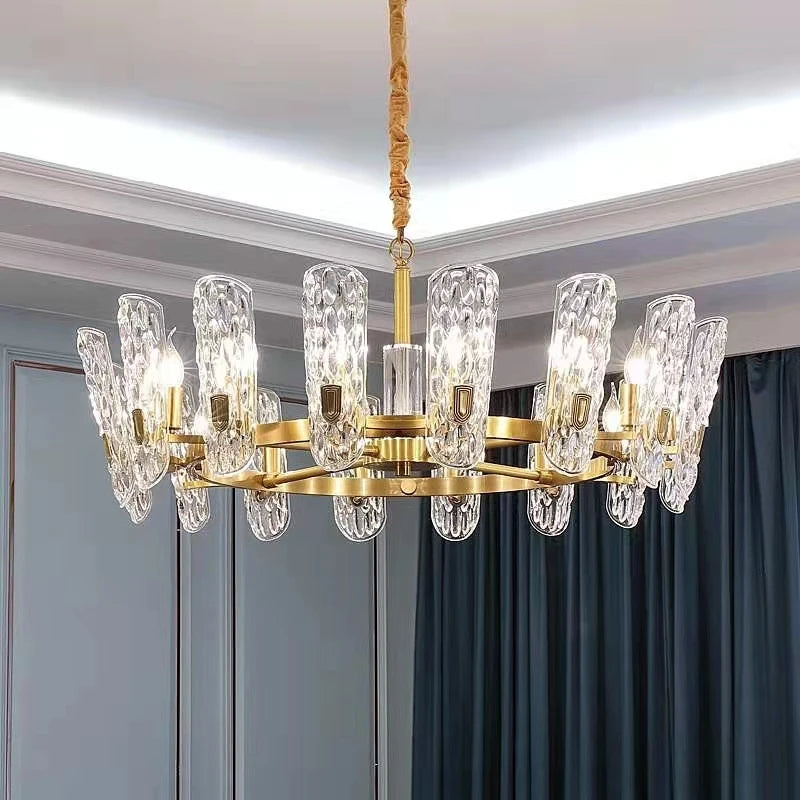 Modern Wrought Iron LED Glass Chandelier Round Design Luxury Living