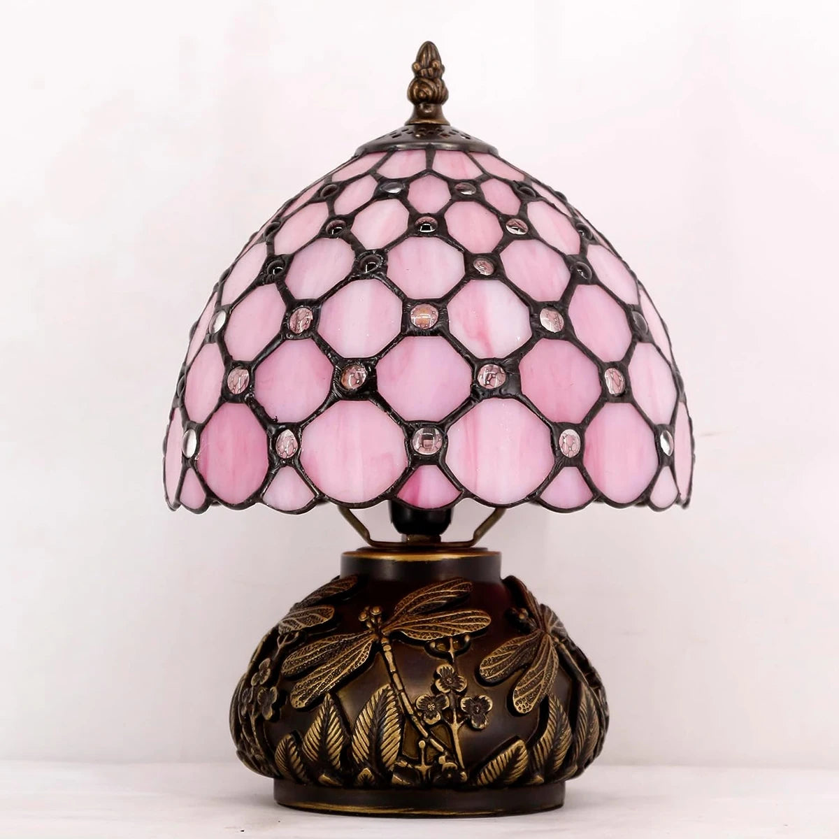 Small Tiffany Lamp W8H11 Inch Pink Stained Glass Pearl