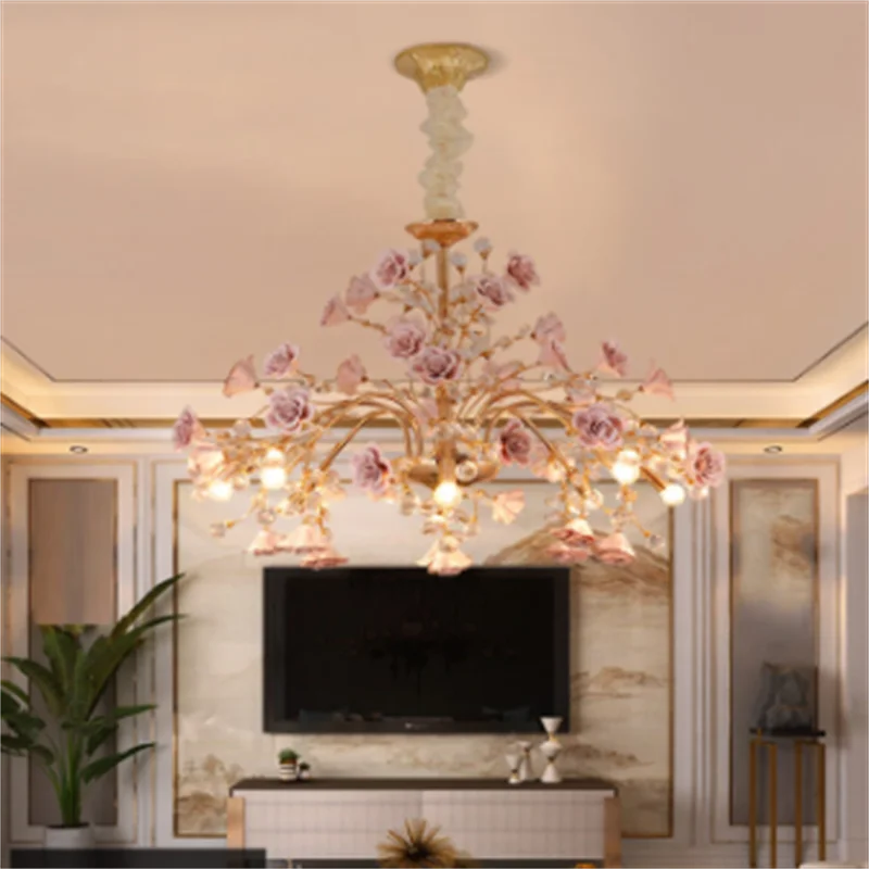 Bedroom Light Luxury Crystal Chandelier European Style Branch Peach