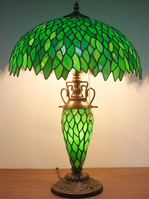 Tiffany Style Table Lamp Green Stained Glass Wisteria