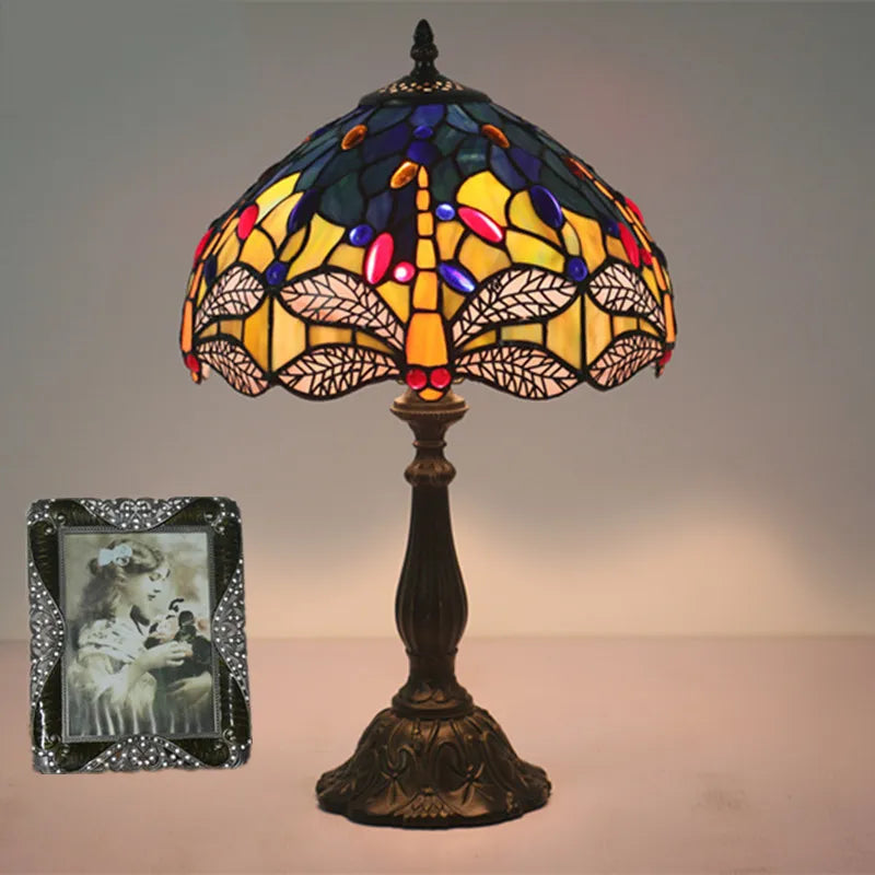 Vintage Table Lamp Mediterranean Stained Glass Dragonfly Desk