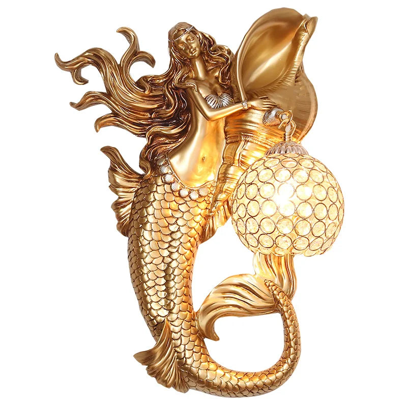 European Gold Mermaid Wall Lamp for Living Room Shell Led Wall Sconce