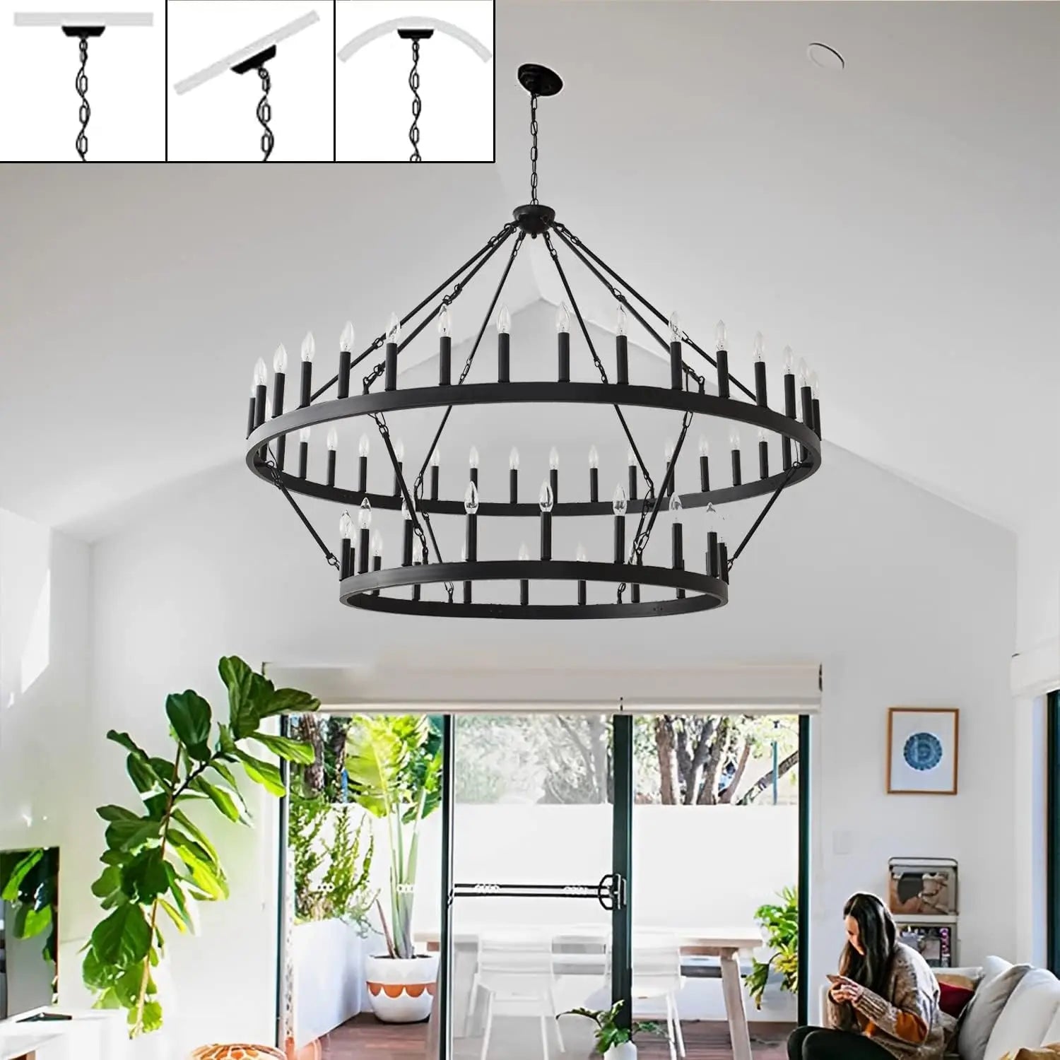 2 Tier 60 Inch Large Wagon Wheel Chandelier Farmhouse,54-Light Black