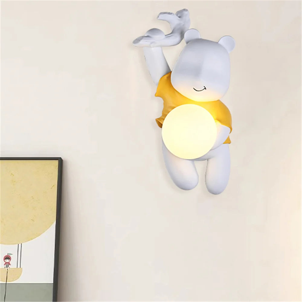 Children'S Princess Style Resin Bear Glass Globe Led Wall Lamp Kids